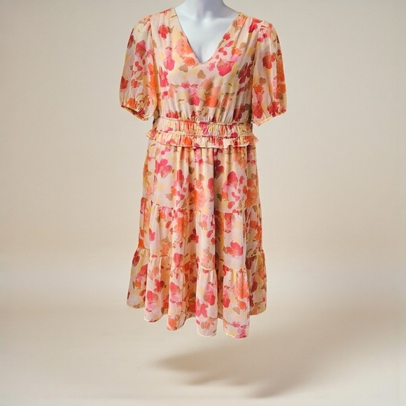 Jessica Howard Dresses & Skirts - Jessica Howard 14 Plus size  floral chiffon midi dress pockets puff sleeve sheer